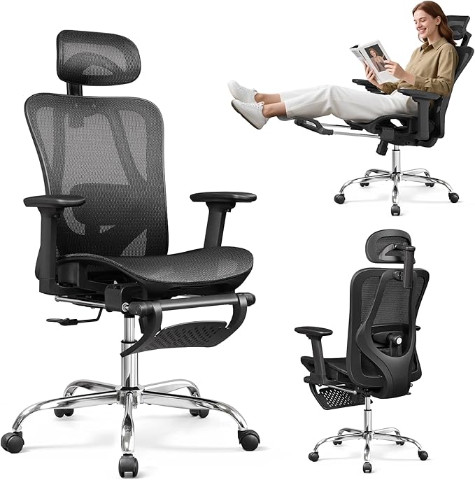 DEVAISE Ergonomic Mesh Office Desk Chair, Retractable Footrest and Adjustable Lumbar Support, Comfy High Back Reclining Computer Gaming Chair, Tilt Function, Heavy Duty, SGS Class 4 Gas Lift, Black