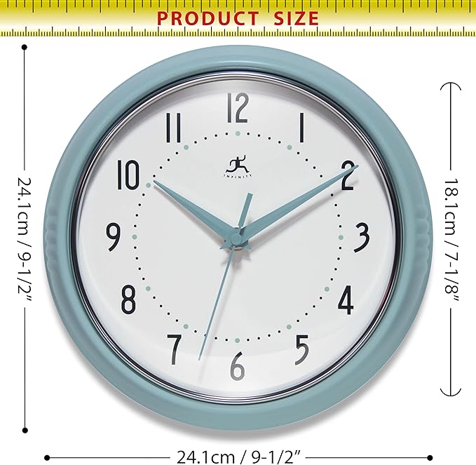 Infinity Instruments Retro 9.5 Inch Round Indoor Wall Clock, Baby Blue