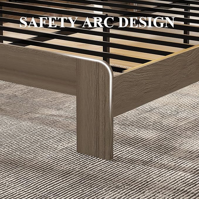 Wooden Bed Frame Queen Size with Storage Headboard - Farmhouse Platform Bed Frame with Bookcase Shelf & Led Lights, Sturdy Wood Slat Framework Bed Frame (Light Brown LED)