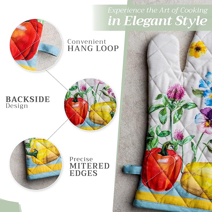 Maison d' Hermine Oven Mitts 100% Cotton Oven Mitt (7.5inch X13'') Easter Heat Resistant Oven Mitt BBQ Cooking Gloves with Loop for Baking, Grilling, Home, Handling Hot Pans, Giverny - Spring/Summer