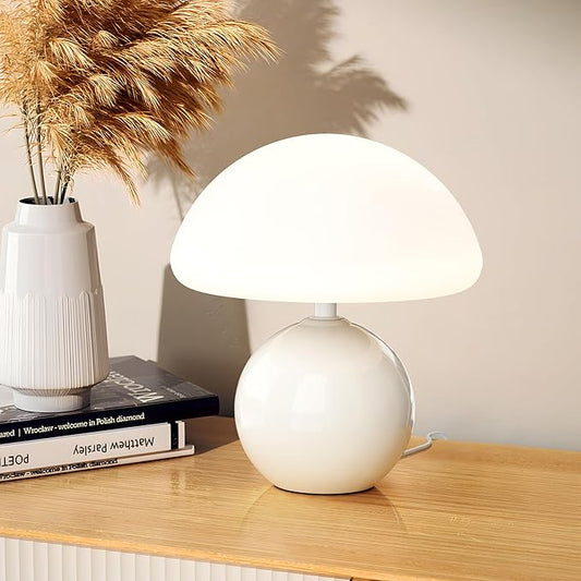 Ceramic Mushroom Lamp, Cute Mini Bedside Lamp for Aesthetic Room Decor, Dimmable Small Glass Night Light for Bedroom Living Room, Vintage Unique Table Lamp for Nightstand, White Mushroom Light