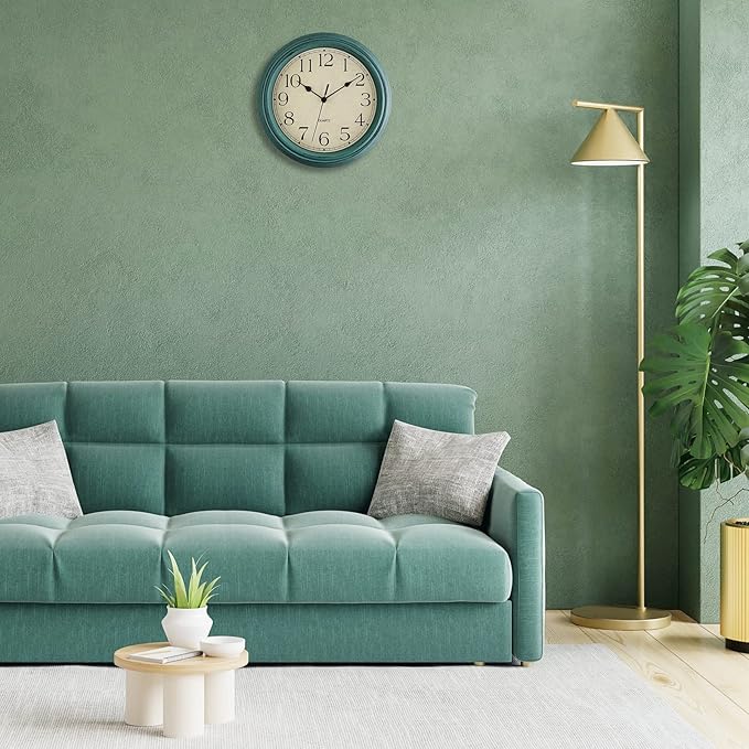 Foxtop Retro Silent Non-Ticking Round Classic Clock 12 Inch Quartz Decorative Battery Operated Wall Clock for Living Room Kitchen Home Office (Turquoise)