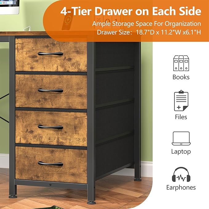 50 Inch Computer Desk with 8 Drawers, Home Office Desk with Power Outlets, Work Study Gaming Desk with 8 Fabric Drawers, Rustic Brown