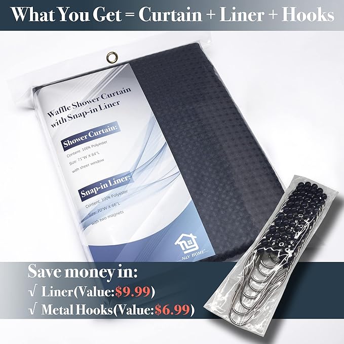 N&Y HOME Extra Long Waffle Weave Shower Curtain with Snap-in Fabric Liner Set, 12 Hooks Included - 71" x 84", Hotel Style, Mesh Top Window, Machine Washable & Water-Repellent - 71x84, Navy Blue