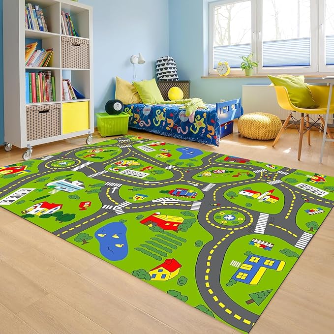 Non-Slip Town City Road Map Playmat for Boys, Perfect for Playroom and Bedroom, Car Track Mat - 9'2" x 6'7" (Rectangular)