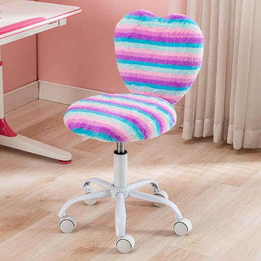 Kmax Kids Reading Chair, Rolling Cute Desk Chair for Girls Swivel Office Chair with Wheels & Heart Back Adjustable Childrens Vanity Chair for Bedroom Reading Room - Faux Fur, Rainbow