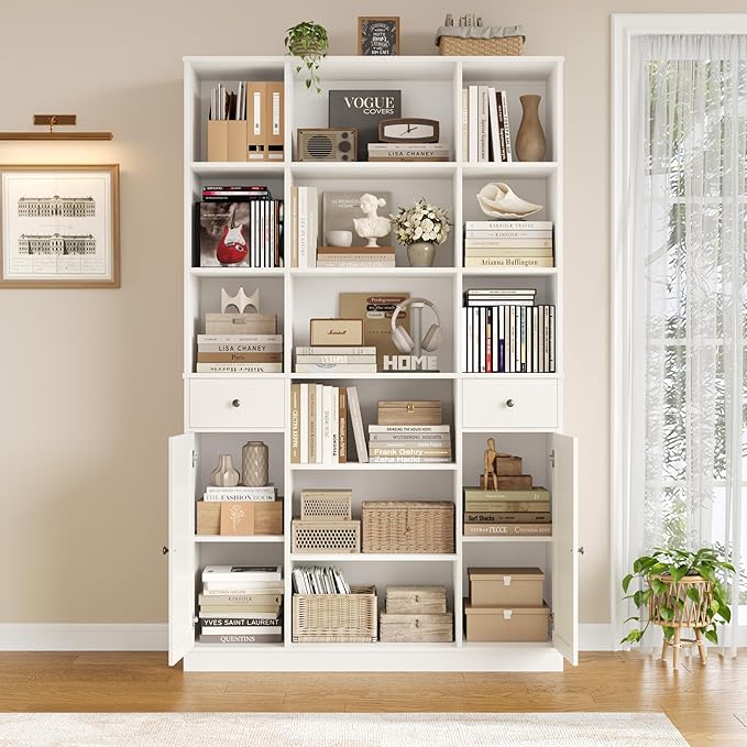 HOSTACK 74" Tall Book Shelf and Bookcase, 45" Wide Bookcase with Doors and Drawers, Modern 6 Tier Bookshelf with Storage, Large Wood Display Cabinet with Adjustable Shelves for Home Office, White