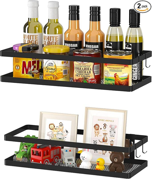 PUSDON Hanging Storage Baskets Organizer Wall Mount, Metal Wire Storage Bin Rack for Kitchen Bathroom Shower Spice Shelf Home Decor Essentials Black-2 Packs(Guardrail)