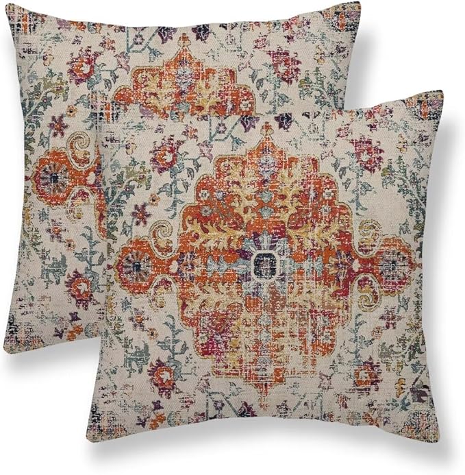 Blue Burnt Orange Boho Throw Pillow Covers 20x20 Set of 2, Farmhouse Carpet Ethnic Decorative Pillow Covers Bohemian Rustic Cushion Cases Linen Gifts for Couch Sofa Indoor Outdoor