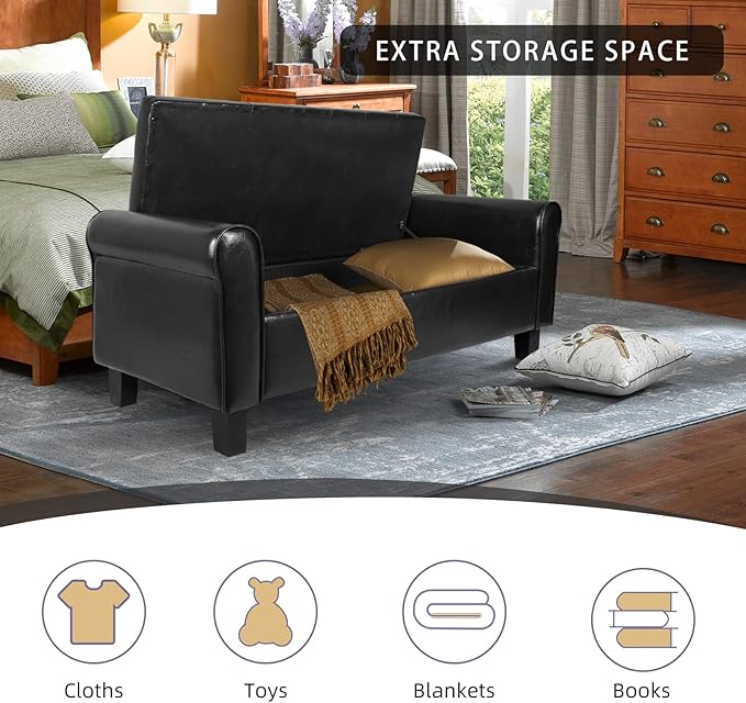 Storage Ottoman Bench with Arms, End of Bed Bench for Bedroom, Button Tufted for Entryway, Living Room,Hallway, Foot Rest (Black)