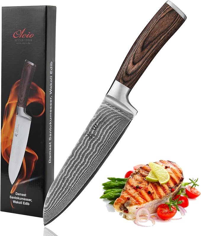 Wakoli 7-inch Damascus Santoku Knife - 67-Layer VG10 Core Steel, Razor Sharp Japanese Chef's Knife with Pakkawood Handle, for Meat, Vegetables & All Kitchen Tasks - Gift Box (EDIB)