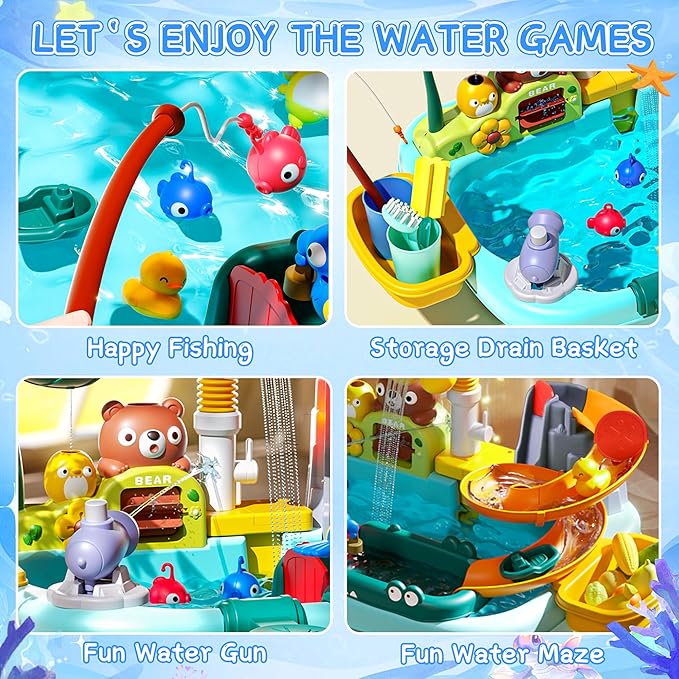 2026 Water Table for Kids Ages 3+ with Pump, Sensory Tables with Play Vegetables, Tableware & Fishing Game, Outdoor Toy Summer Beach for Kids Boys Girls Age 3+