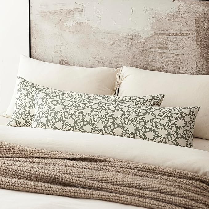 Foindtower Set of 2 Decorative Floral Long Body Lumbar Throw Pillow Covers Accent Farmhouse Cushion Cover Neutral Pillowcase For Couch Sofa Bedroom Living Room Home Decor Outdoor,14×36 Inch,Sage Green