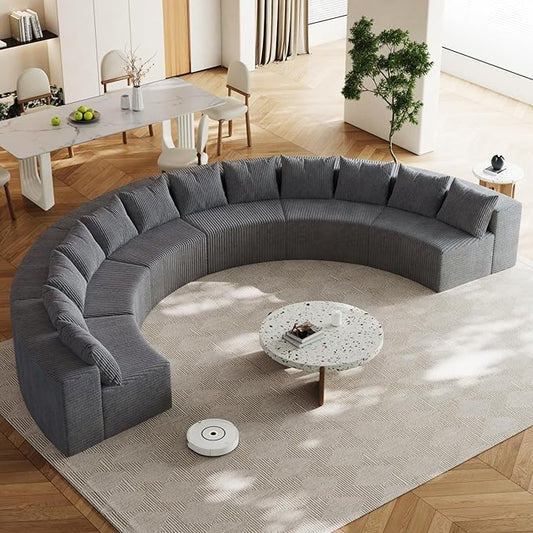 KEIKI 6 Seater Corduroy Curved Sectional Sofa, Symmetrical Modular Semi Circular Couch, Deep Seat Tufted Corner Sofa for Living Room, Lobby, Gray