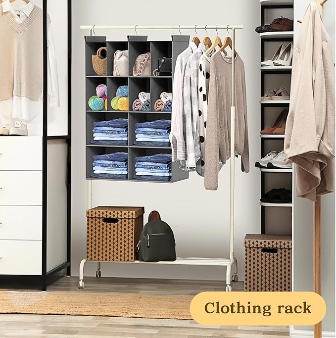 4 Tier Hanging Closet Organizer, 12 Compartments Sweater Organizer for Closet with 3 Sturdy Hooks, Closet Organizers and Storage, Wardrobe, Rv, Garment Rack, Grey