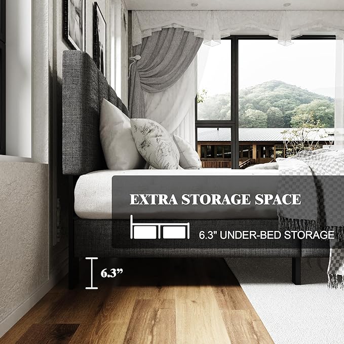 Queen Size Platform Bed Frame with Modern Upholstered Headboard, Wooden Slats Support, Noise Free, No Box Spring Needed, Easy Assembly, Dark Grey, Linen