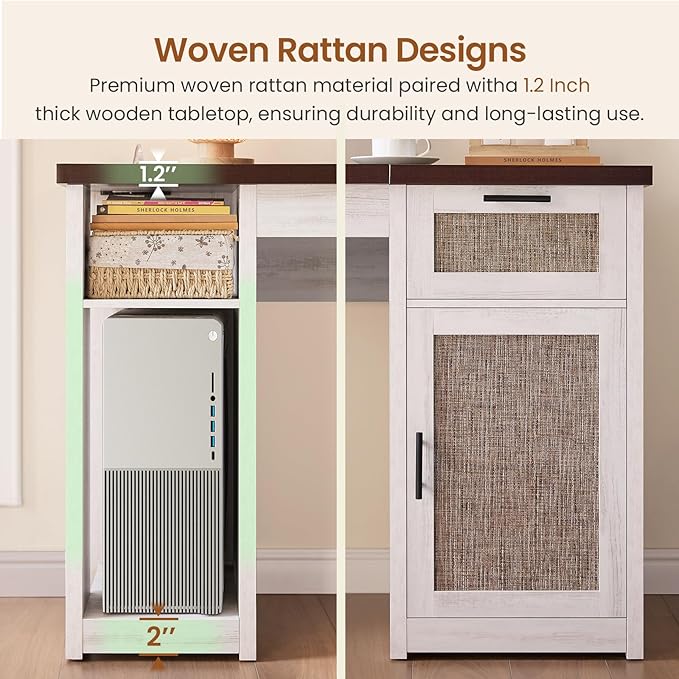 SEDETA 55.1" Rattan Office Desk with Drawers, Computer Desk with Drawers & Storage Cabinet, Farmhouse Home Office Desk with Storage, Wood Writing Desk with Power Outlets for Home Office, White