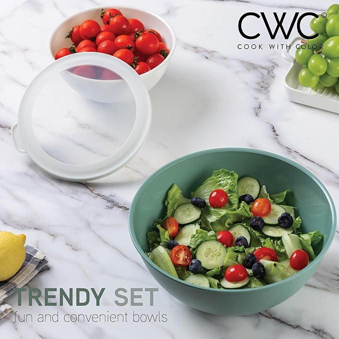 COOK WITH COLOR Mixing Bowls with TPR Lids - 12 Piece Plastic Nesting Bowls Set includes 6 Prep Bowls and 6 Lids - Microwave Safe (Sage)