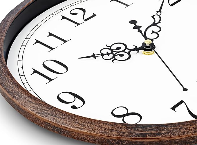 Bernhard Products Wall Clock 12 Inch Silent Non Ticking Movement Quality Quartz Battery Operated Round Easy to Read Decorative Brown Home/Kitchen/Office/Bedroom/Classroom/School Clocks, Black Numbers