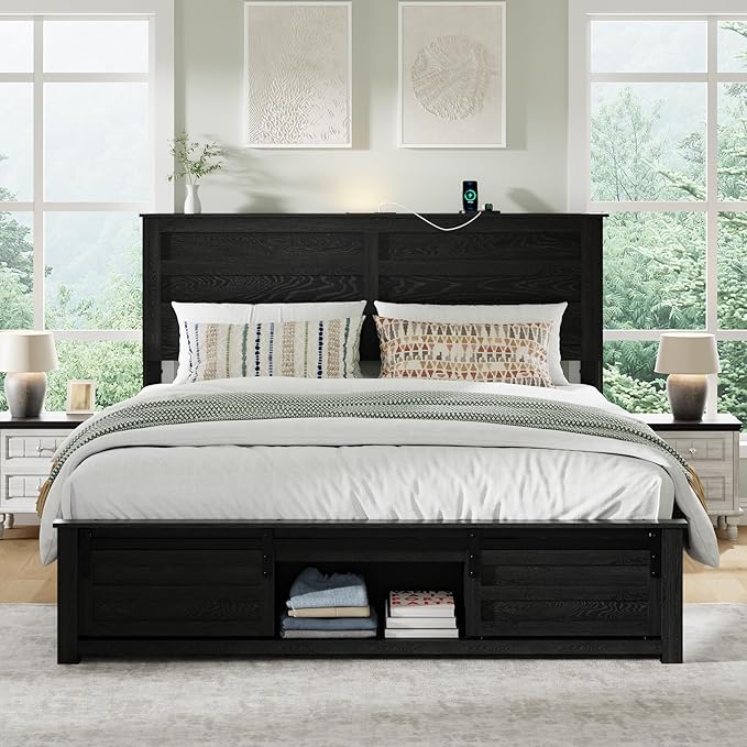 Full Size Bed Frame with Wood Headboard, Wooden Platform Bedframe with Sliding Barn Door Footboard and Charging Station Easy Assembly, No Box Spring Needed (Black, Full)