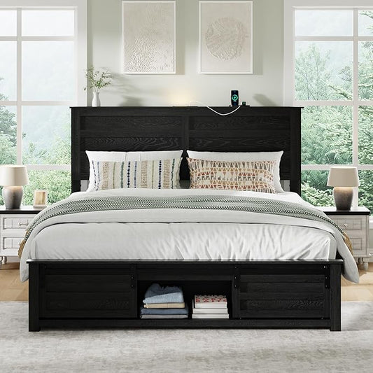 Full Size Bed Frame with Wood Headboard, Wooden Platform Bedframe with Sliding Barn Door Footboard and Charging Station Easy Assembly, No Box Spring Needed (Black, Full)