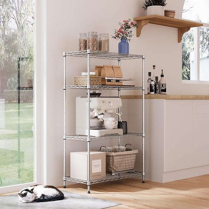 IZEUK 4-Tier Heavy Duty Steel Storage Shelves, Metal Shelf Wire Shelving Rack for Pantry, Kitchen, Home, or Office Organization (29.5" W x 13.7" D x 47.2" H, 1000LBS, Chrome)