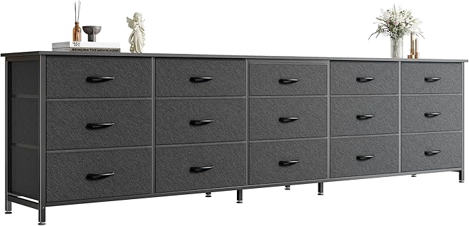 Huuger 78.7 inch Long Dresser for Bedroom, 15 Drawer Fabric Dresser for Closet, Large TV Stand for 65, 75, 85 inch TV, Wide Chest of Drawer with Storage, 78.7" W x 12.9" D x 26.7" H, Black