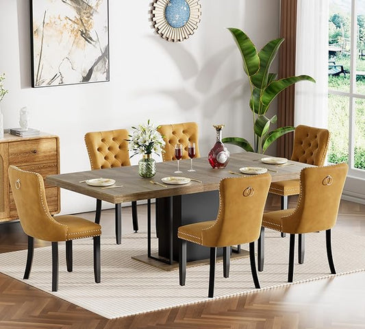 Goujxcy 78.7" Farmhouse Extendable Dining Room Table Set for 6, 7-Piece Rectangle Kitchen Dining Room Table Set with Wood Base and 6 Yellow Velvet Dining Chairs, Extending Kitchen & Dining Table Set