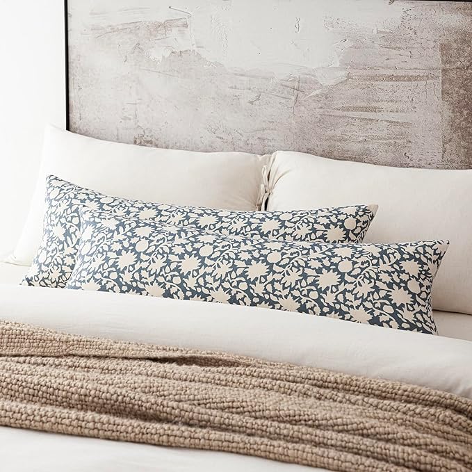 Foindtower Set of 2 Decorative Long Body Lumbar Throw Pillow Covers Accent Farmhouse Cushion Cover Neutral Floral Pillowcase For Couch Sofa Bedroom Living Room Home Decor Outdoor,14×36 Inch,Dusty Blue