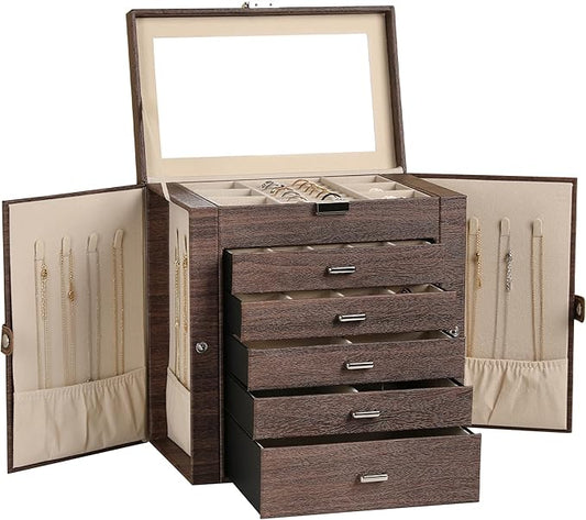 Frebeauty Large Jewelry Box,6-Tier PU Leather Jewelry Organizer,Multi-functional Storage Case with Mirror,Accessories Holder with 5 Drawers for Necklace Bracelets Watches(Tree Brown)