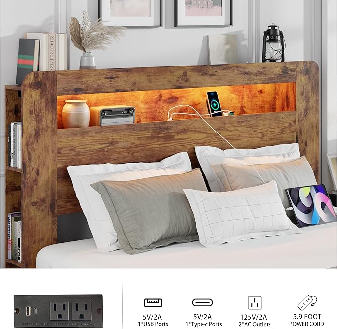 King Size Wooden Bed Frame with Bookcace Storage Headboard, Rustic Farmhouse Bedframe with LED Lights and Charging Station, Sturdy and Stable, Slat Support, No Box Spring Required (Brown, King)
