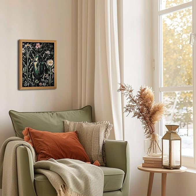 Framed Vintage 3D Textured Wall Art - Gothic Dark College Beetle Wall Decor - Hand Drawn Sandstone Nature Botanical Pictures for Living Room Bedroom Home Decor 8x10in