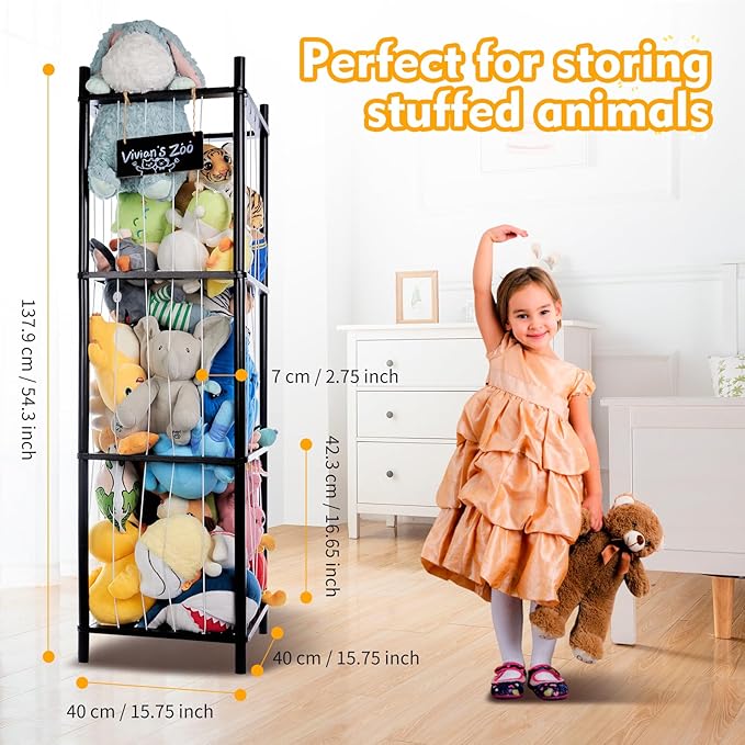 Large Stuffed Animal Storage, Wooden Stuffed Animal Storage Zoo, Toy Holder, Space Saving Toy Zoo for Kidroom, Playroom, Kid’s Gift, Black