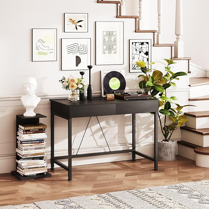 Mexin Small Black Desk with 2 Wooden Drawers, 40 Inch Home Office Writing Desk, Black Vanity Desk with Storage, Computer Desk for Bedroom Small Spaces, Table for Office, Work, Kids Study, Makeup