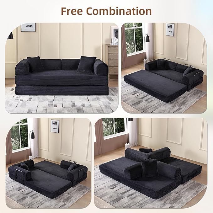 Rovibek 4-in-1 Convertible Sleeper Sofa Bed Queen Size, Foldable Floor Couch Corduroy, Folding Futon Sofa Beds with Pillow and Fixed-Shape Frame, Suitable for Living Room, Bedroom, Lounge, Black