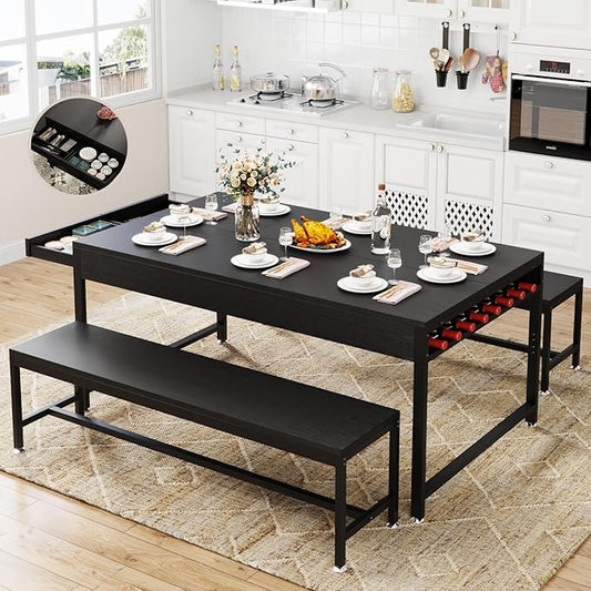 Loomie 63" Dining Table Set for 4-6, 3-Piece Kitchen Table with 2 Utensil Drawers, 2 Benches & Wine Rack, Modern Space Saving & Heavy Duty Dinner Table Set with Metal Frame & MDF Board,Black