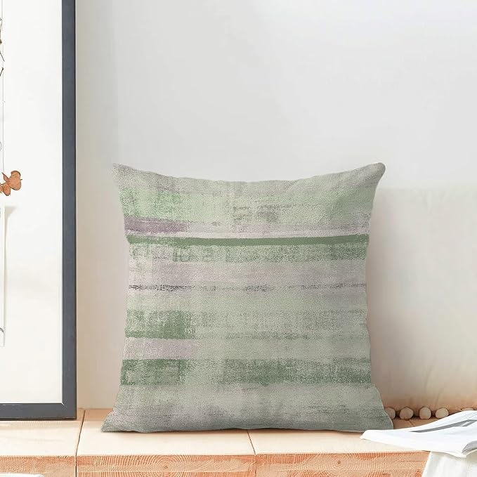 Boho Green Grey Stripe Throw Pillow Covers 18x18 Inch Set of 2, Rustic Abstract Decorative Throw Pillow Covers Retro Stripe Linen Outdoor Cushion Cover for Sofa Couch Farmhouse Room Bed Decor