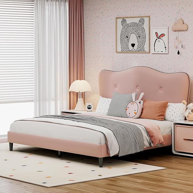 Queen Size Bed Frame, Upholstered Bed Frame with Headboard, Platform Bed Frame with Wood Slats Support, No Box Spring Needed, Adjustable Height Headboard, Pink