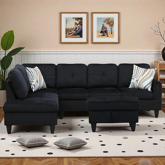 L-Shaped Sectional Sofa with Movable Chaise & Storage Ottoman, Lounge 3-Piece Modular Convertible Couches for Living Room, Apartment & Office, Black