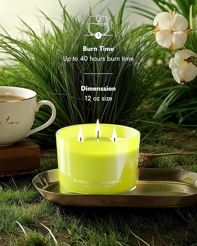 96NORTH Luxury Lemongrass Candle | Large 3-Wick Jar Candle | Up to 40 Hours Burning Time | 100% Natural Soy Wax | Relaxing Aromatherapy Aesthetic Candle | Housewarming Gift for Men and Women