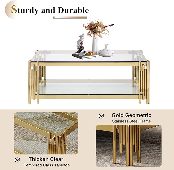3 Pieces Glass Living Room Table Set Modern Coffee Table Console Table End Table Set with Storage 2-Tier Glass Gold Coffee Table Set w/Stainless Steel Frame for Apartment Home Office