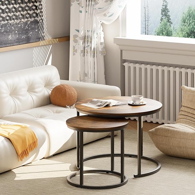 aboxoo Coffee Table Nesting Round Table Set of 2 Side Table with Sturdy Metal Frame for Living Room Bedroom Apartment Modern Industrial Simple Nightstand,Rustic Brown