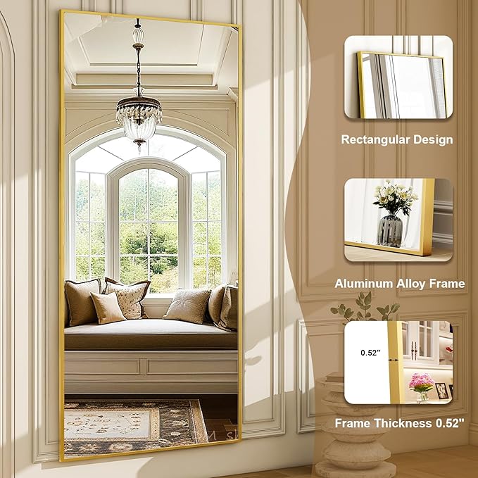 HARRITPURE 78" x 35" Full Length Mirror - Rectangle Full Body Mirror Aluminun Alloy Frame for Cloakroom Bedroom Standing Mirrors,Gold