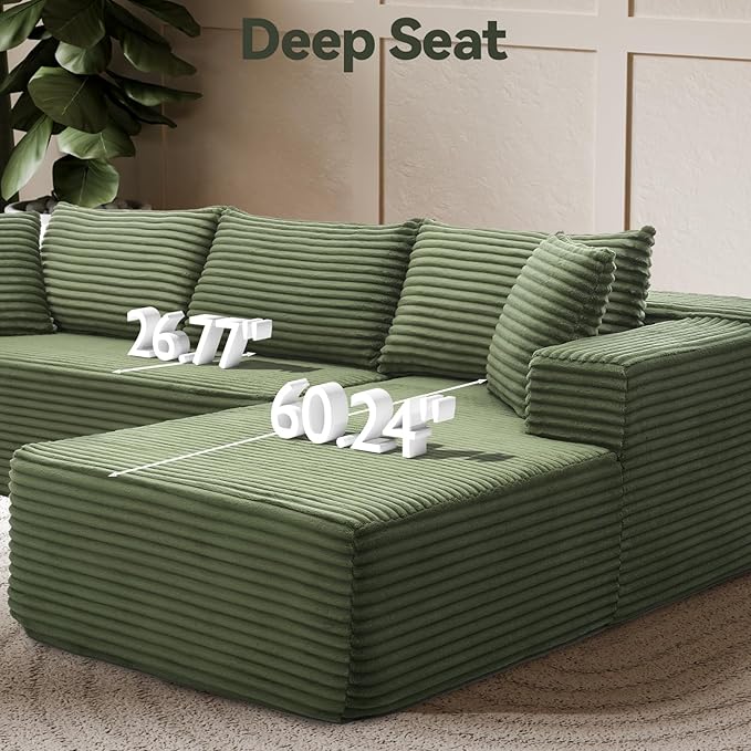 Modern Cloud Modular Sectional Sofa with Chaise, 106" L-Shaped Sofa Couch for Living Room, Deep Seat Plush Boneless Couches, Includes Pillows, Left Chaise, Green