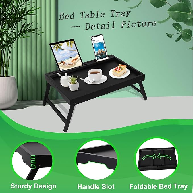 Bed Tray Table with Foldable Legs, Breakfast Food Trays for Eating on Couch with Media Slot for Bed, Eating, TV Tray, Kitchen Serving Tray(Black, Medium)