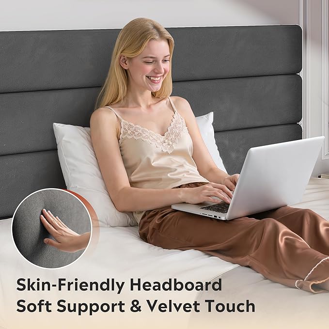 WLIVE King Size Upholstered Bed Frame, Velvet Square Tufted Headboard, Sturdy Metal & Wooden Slats Support, No Box Spring Needed, Light Grey