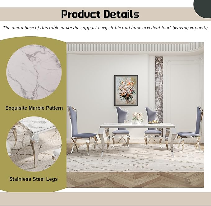 7-Piece Dining Table Set for 6, Modern Dining Room Set with 70'' Marble Dinner Table and 6 High-Back Upholstered Chairs, Stainless Steel Legs Table & Chair Set for Kitchen, Gray & Silver