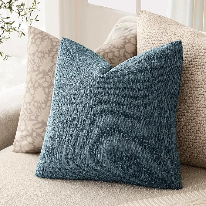 Foindtower Pack of 2 Textured Boucle Throw Pillow Covers Accent Solid Decorative Pillow Cases Cozy Woven Couch Cushion Case for Sofa Bedroom Living Room Home Decor 20x20 Inch Misty Blue