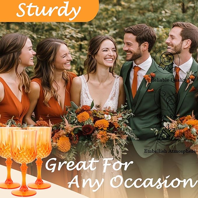 Plastic Wine Glasses，Plastic Goblets Vintage Style Cordial Drinking Glasses for Wedding Reception, Grand Event Party Supplies (12, Pumpkin orange)