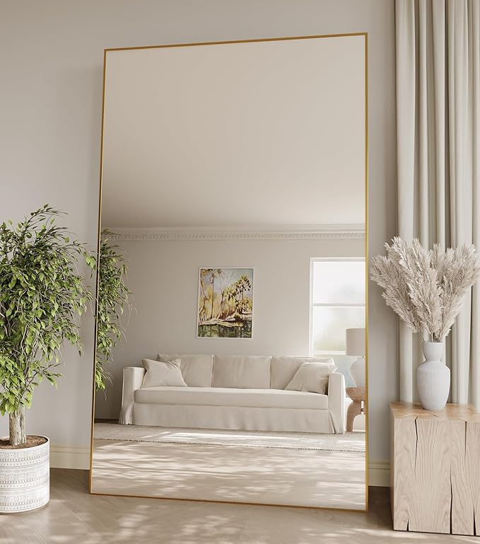 Koonmi 77"x38" Floor Mirror Full Length, Bedroom Floor Body Mirror with Stand, Large Gold Mirror, Leaning, Standing or Hanging Horizontally/Vertically